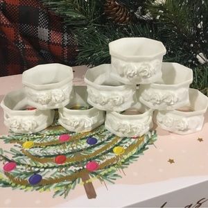 Bright White Porcelain Napkin Rings with White Flowers 2 sets of 4